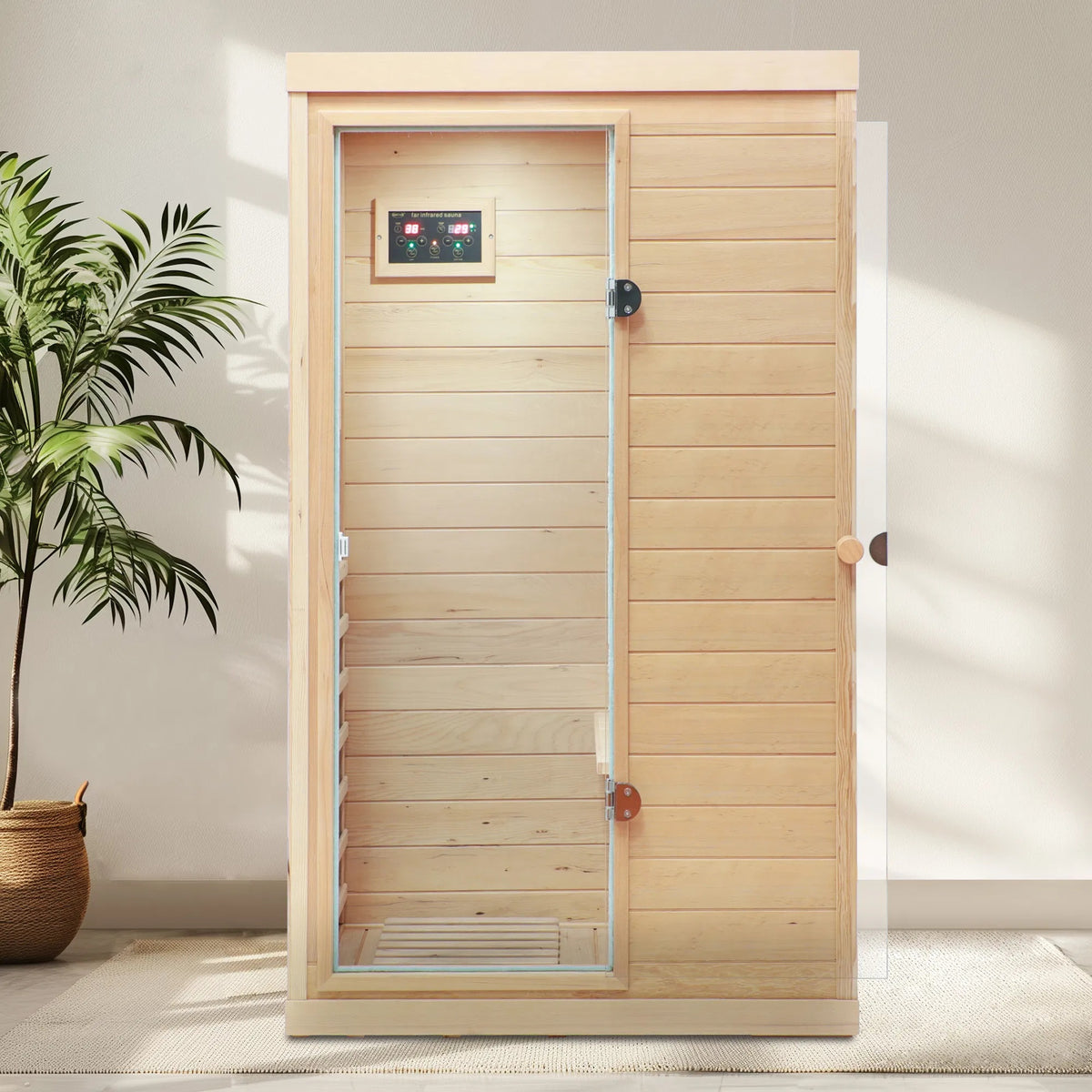 Hemlock Mini One Person Far Infrared Door On The Left Of The Indoor Sauna Room
