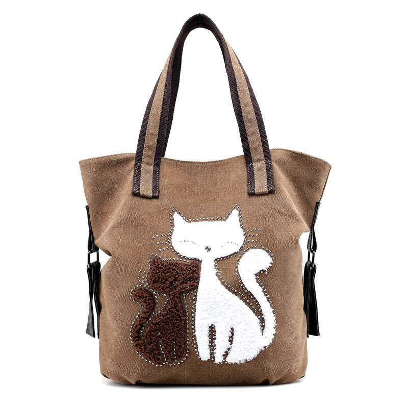 Cat Embroidered One-Shoulder Canvas Bag Lady