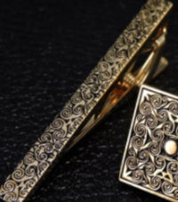 Golden carved rose flower cufflinks tie clip set