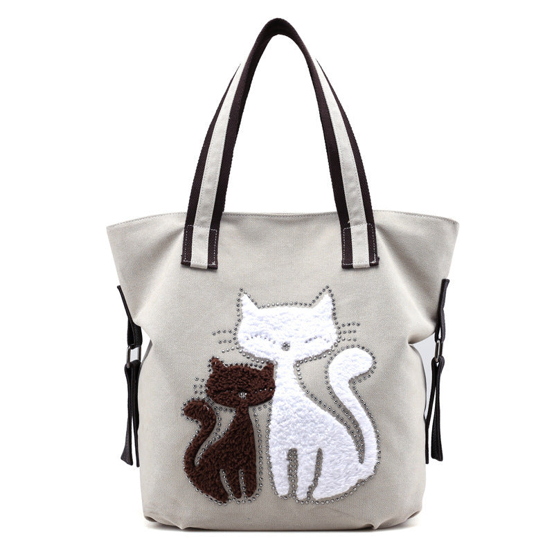 Cat Embroidered One-Shoulder Canvas Bag Lady