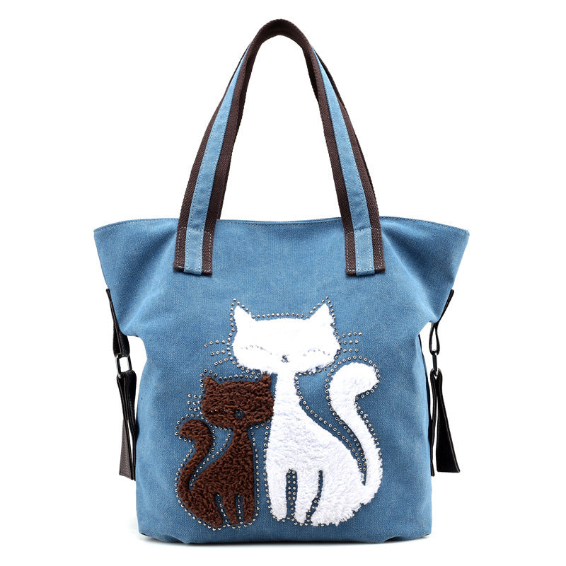 Cat Embroidered One-Shoulder Canvas Bag Lady
