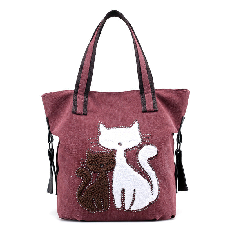 Cat Embroidered One-Shoulder Canvas Bag Lady