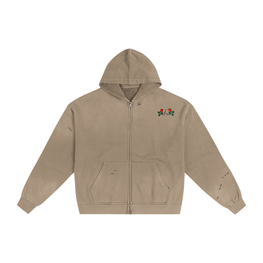 Hand-Frayed Sunfaded Zip-Up Hoodie