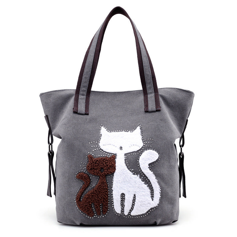 Cat Embroidered One-Shoulder Canvas Bag Lady