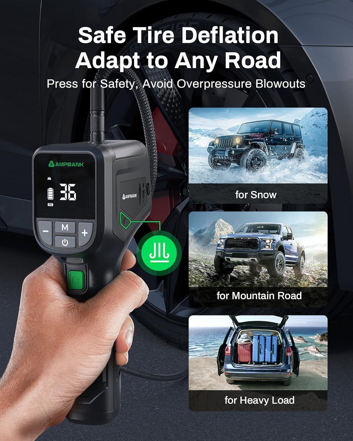 AMPBANK AT001 Portable Tire Air , Car-mounted Automatic Air Pump With Tire Pressure Gauge, 150PSI With LED Suitable For Cars, Motorcycles, SUVs, Bicycles, Balls, Etc.