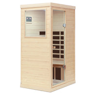 Hemlock Mini One Person Far Infrared Door On The Left Of The Indoor Sauna Room