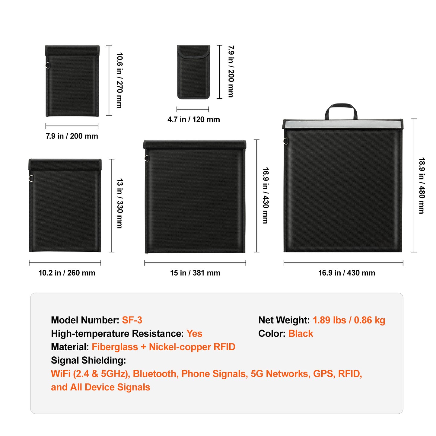 VEVOR Faraday Bag, 4 Pack Faraday Pouch Set For Laptop 16.9x15 , Tablet 13x10.2 , Phone  7.9x4.7   Radio 10.6x7.9 , Fireproof Signal Blocking Holder Faraday Pouch For Anti-Theft  Anti-Hacking