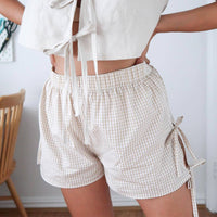 Loose Plaid Print Shorts With Lace-up Design Summer Fashion Y2K Elastic Band Pants For Women