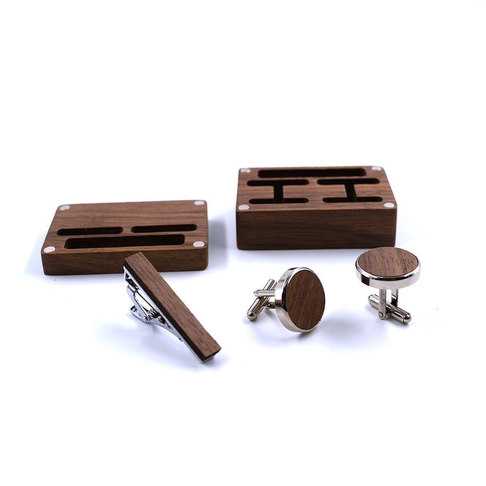 Solid Copper Wedding Solid Wood Tie Clip Cufflinks Set