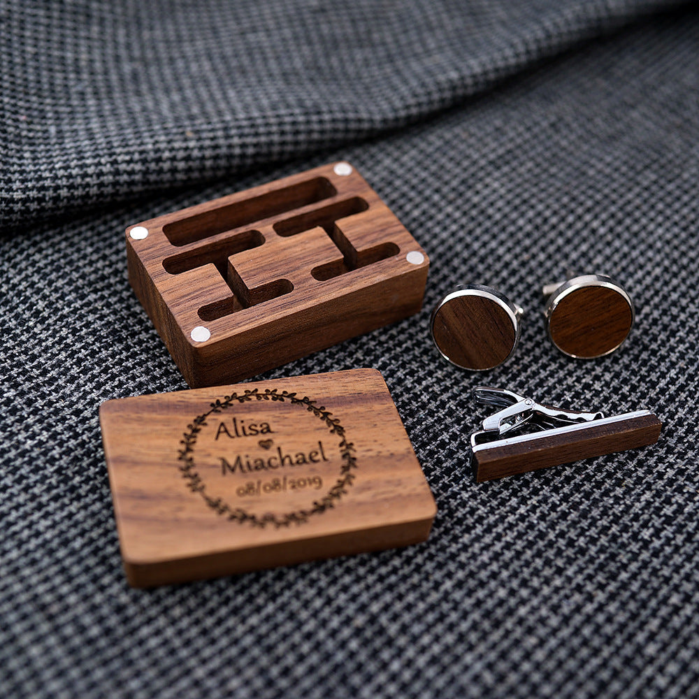 Solid Copper Wedding Solid Wood Tie Clip Cufflinks Set